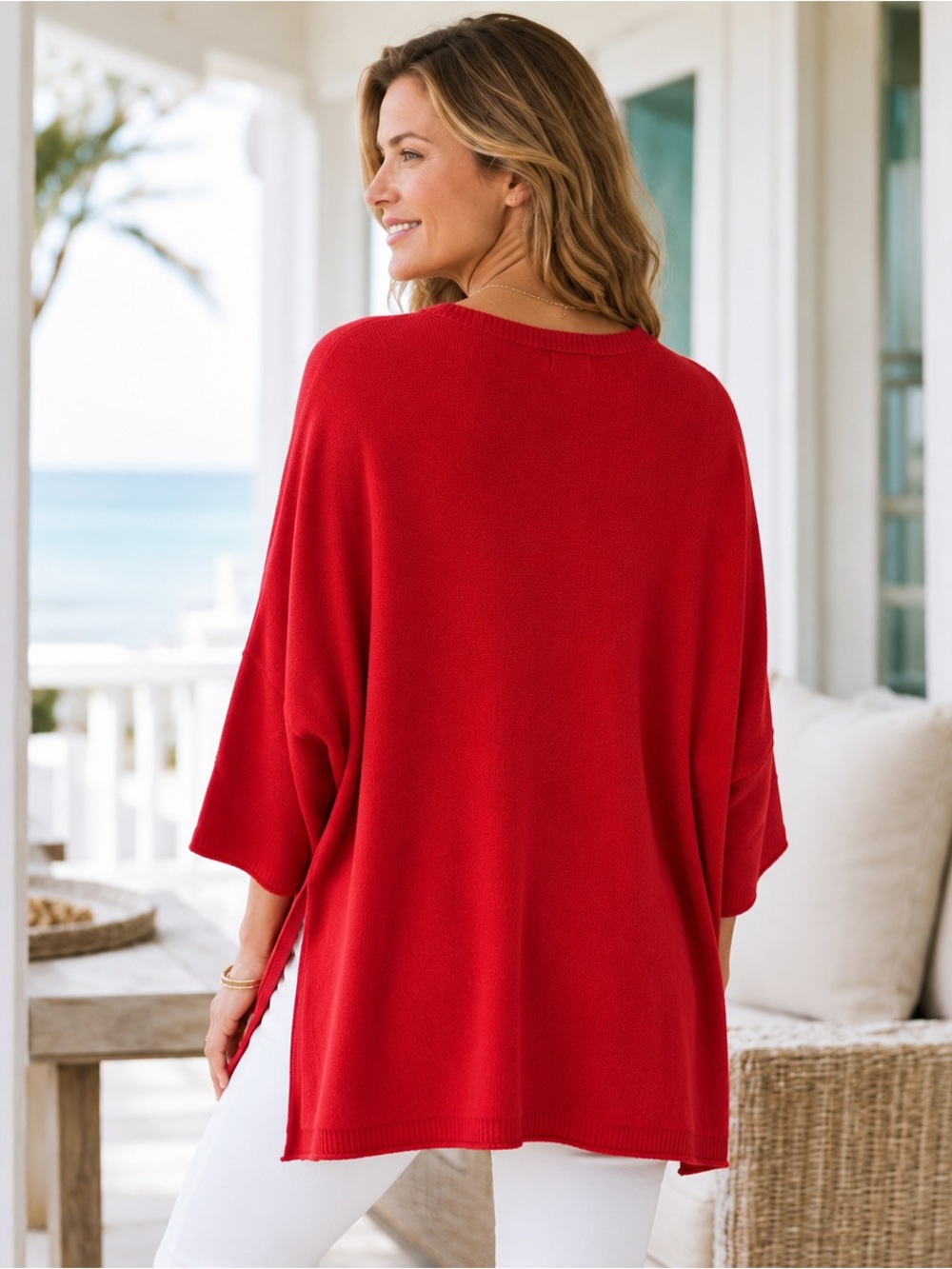 MERSEA Catalina Travel Sweater Scarlet Red Oversized One Size travel coastal lux - Picture 2 of 12